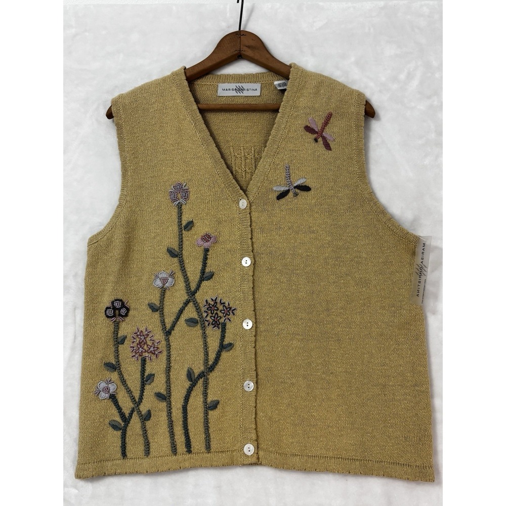 Marisa Christina Sweater Vest L Silk Linen Dragonfly Floral Cottagecore 0708